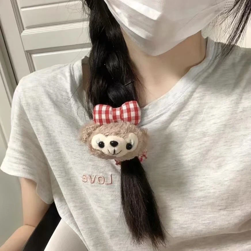 雪莉玫达菲熊发圈红色格子蝴蝶结大肠发圈丸子头皮筋手绳小肠圈