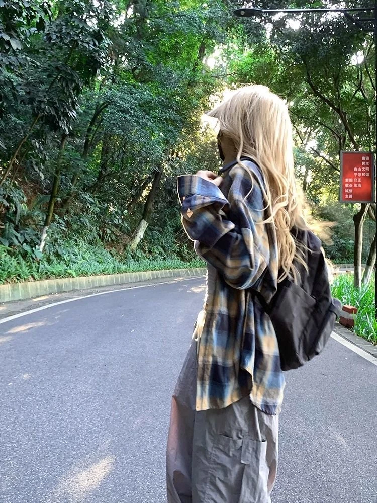 时尚百搭夏季薄款ins衬衫显瘦网红辣妹高腰休闲黑色宽松格子衬衫