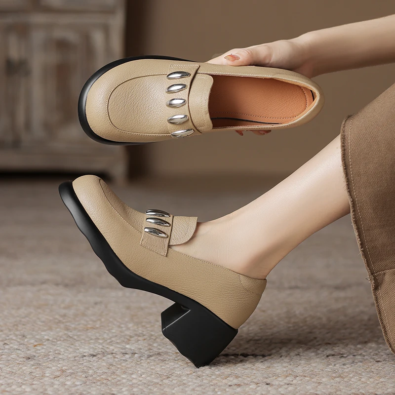 6CM，羊皮圆头乐福鞋软底单鞋英伦风粗跟高跟鞋秋季真皮休闲鞋皮鞋