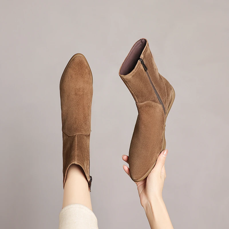 4.5CM，羊皮磨损粗跟短筒女鞋秋冬英伦风休秋冬法式英伦风女短筒靴