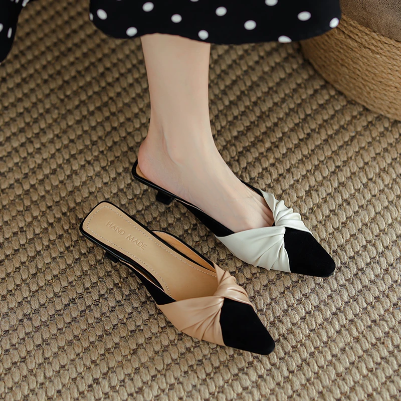 4CM,羊皮夏季外穿仙女风穆勒鞋软底尖头气质休闲鞋包头真皮半拖鞋