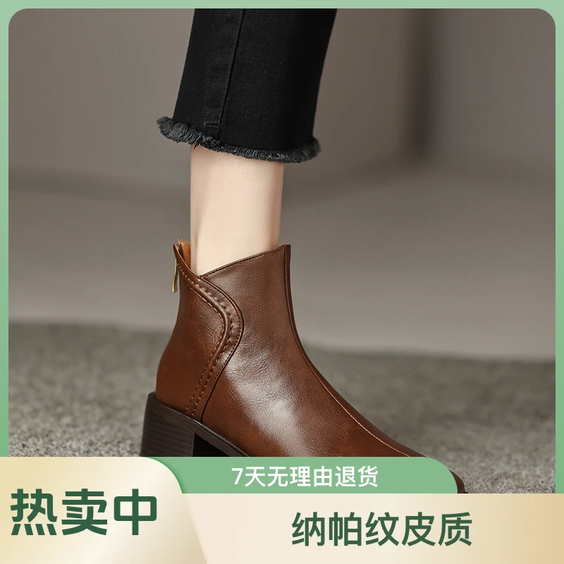 复古粗跟马丁靴方头时尚牛皮秋冬新款短靴大小码手工时装靴瘦瘦靴