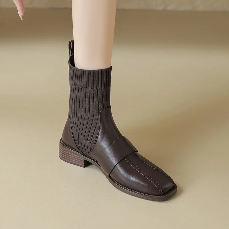 【GS】头层牛皮女短靴3CM弹力瘦瘦靴百搭马丁靴秋冬新款切尔西靴女