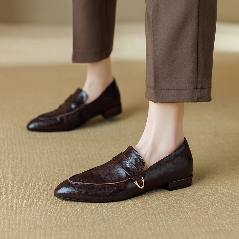 里外纯皮牛皮复古百搭软底乐福鞋女士单鞋女复古女士头层牛皮乐福