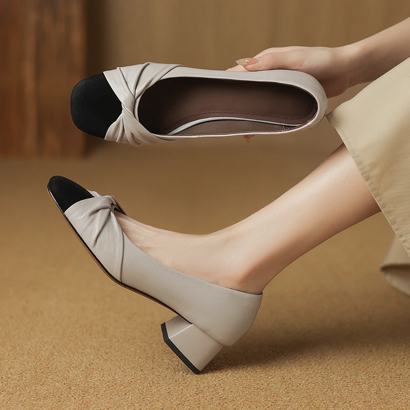 羊皮浅口小香风夏季软底大码百搭女单鞋方头女士方头浅口软底羊皮