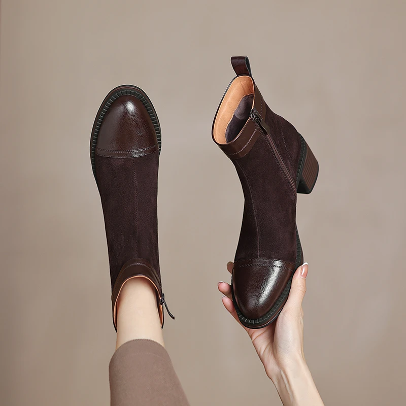 5CM，羊皮新款秋冬拉链马丁靴英伦风粗跟高跟英伦风秋秋冬羊皮粗跟