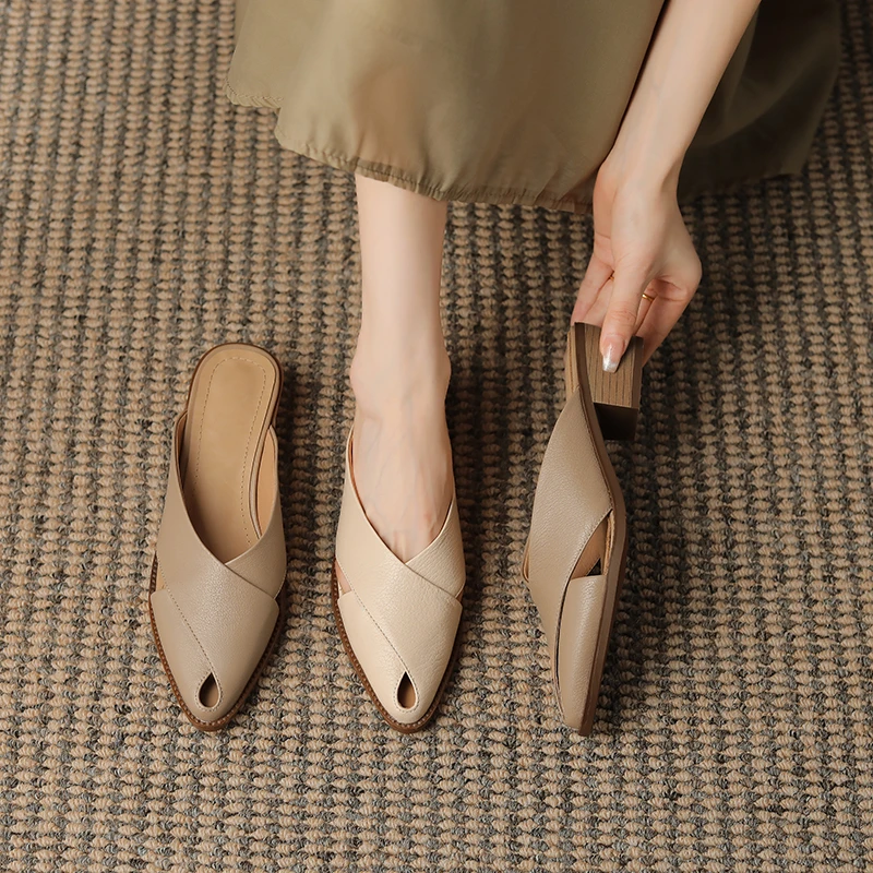 4CM，牛皮夏季法式软底穆勒鞋尖头时尚皮拖细跟软皮软底尖头高跟鞋