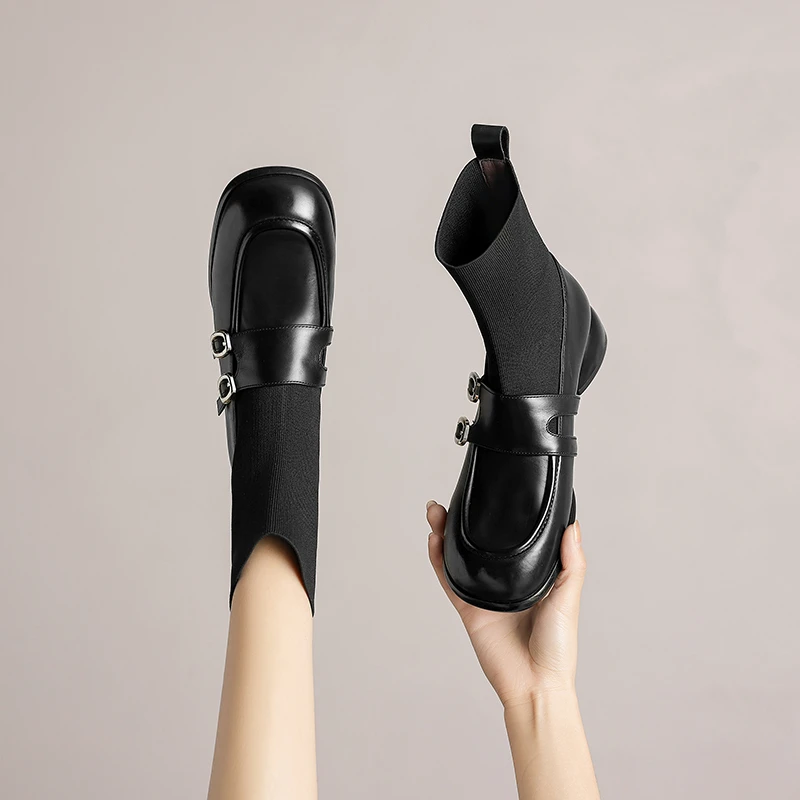 头层胎牛皮/3CM英伦风复古秋冬弹力靴黑色时流光风弹力羊皮瘦瘦靴