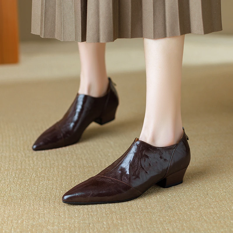 2024新款低跟羊皮女鞋舒适时尚百搭真皮软底春小香风尖头粗跟女鞋