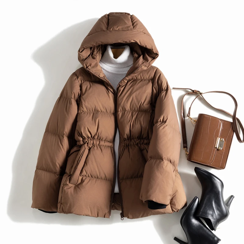 2025冬季新款鹅绒羽绒服女轻盈保暖时尚休闲宽松连帽抽绳收腰外套