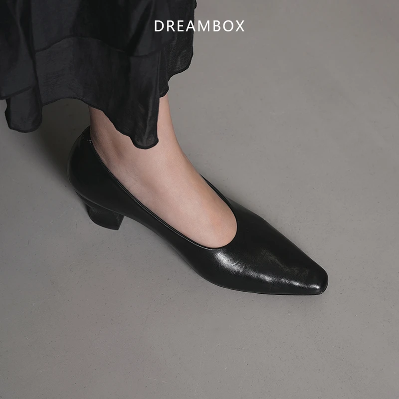 dreambox钧博高档尖头高跟鞋浅口马皮气质复古百搭一脚蹬时尚单鞋