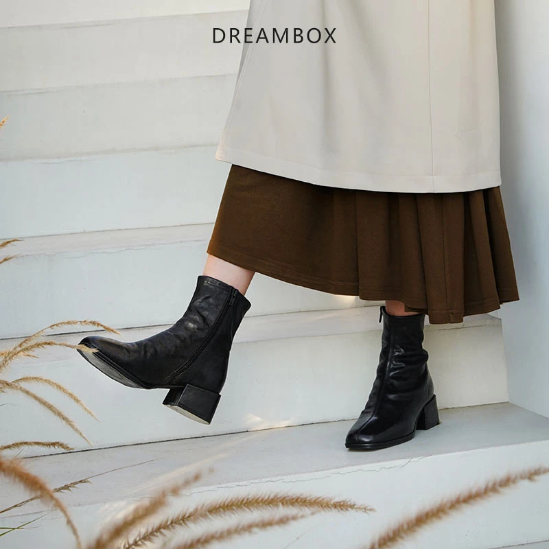 dreambox钧博缩纹水洗皮知性优雅女士切尔西靴侧拉链粗跟皮靴