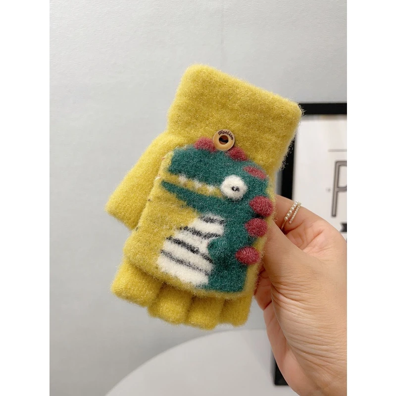 卡通恐龙儿童翻盖两用针织手套防寒保暖男女童秋冬宝宝3-7岁新款