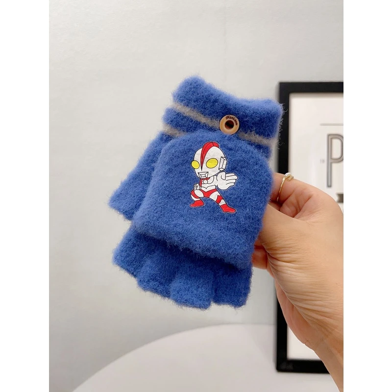 卡通儿童翻盖两用手套小孩针织毛线防寒男女童秋冬宝宝保暖半指