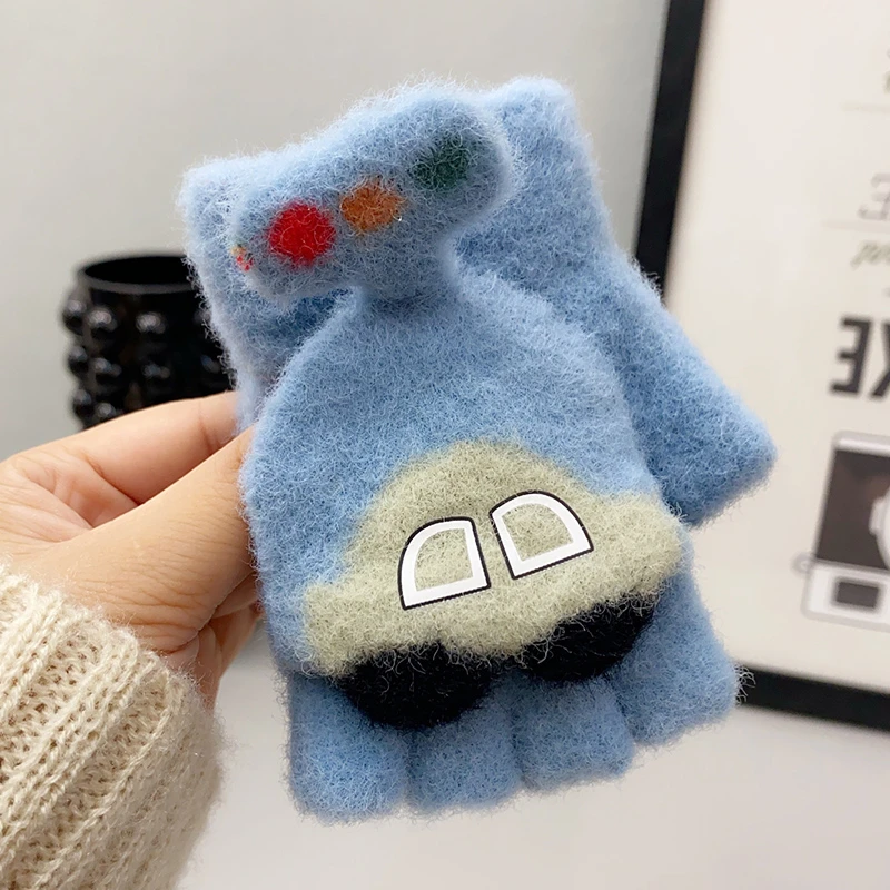 儿童半指手套宝宝小孩女童春秋冬季保暖可爱卡通小车翻盖手套新款