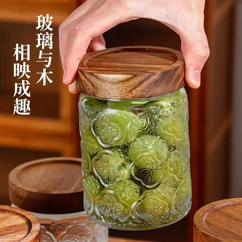 家用浮雕海棠花透明玻璃相思木大容量带盖储物密封罐