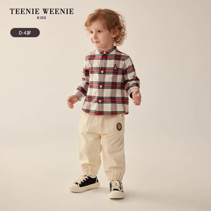 TeenieWeenieBaby小熊童装磨毛舒适格纹纽扣长袖衬衫T0YC241101B