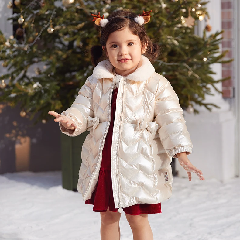 TeenieWeenieBaby小熊童装保暖长款亮面毛领羽绒服T0JD241153K