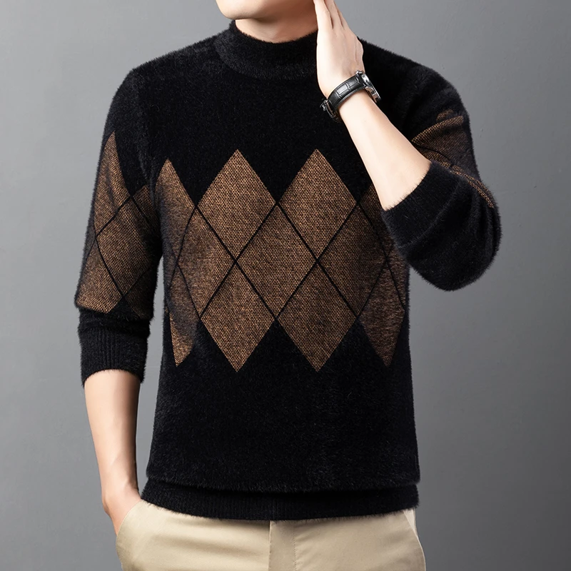 （雪雕绒）(10000)男士加绒加厚保暖圆领秋冬冬季提花针织衫
