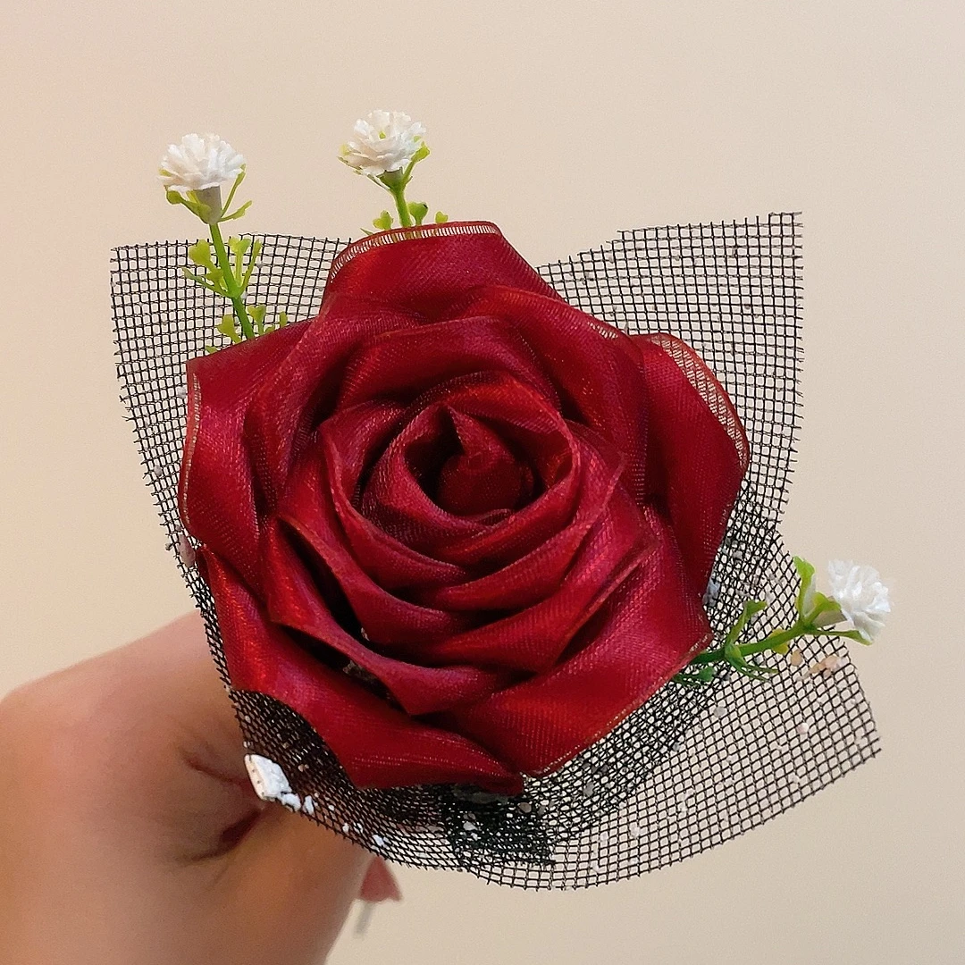 双层玫瑰花材料包丝带雪纱带花杆雪点纱满天星