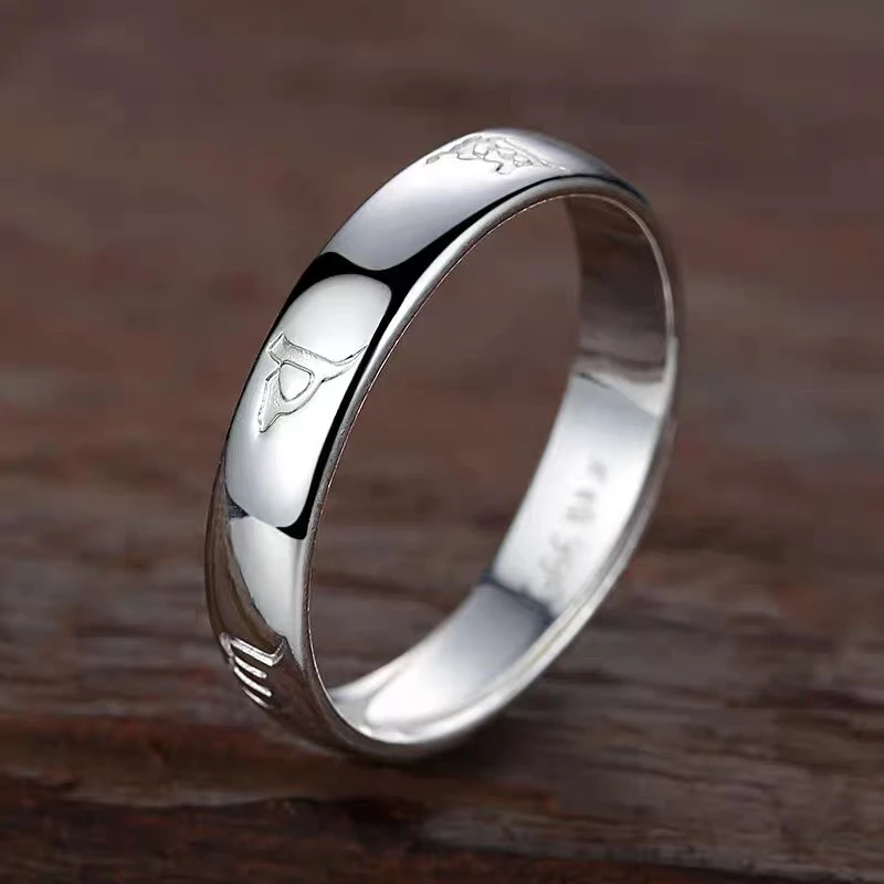足银戒指 999纯银六字真言男士戒转运足银单身戒指食指开口银戒子