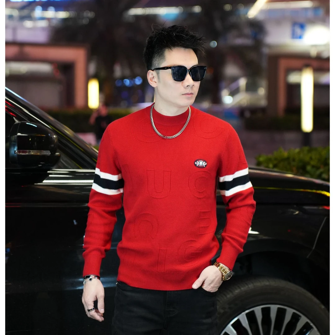 2024男士秋冬字母提花撞色羊毛衫休闲时尚潮流长袖卫衣圆领打底衫