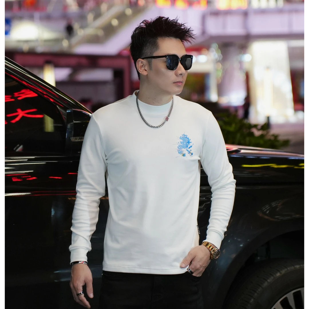 2024男士秋季圆领修身精致刺绣打底衫时尚休闲秋冬套头长袖T恤