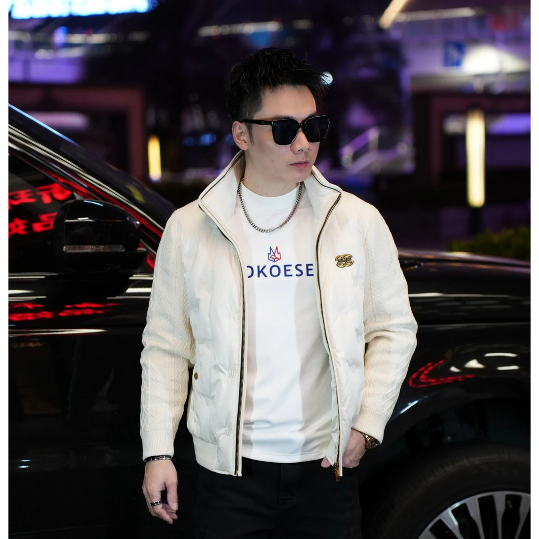 2024男士冬季立领针织袖拼接羽绒服刺绣百搭短袖潮流欧货羽绒服