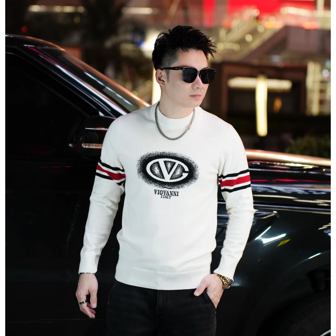 2024男士秋冬羊毛打底衫字母提花撞色时尚休闲欧货潮流修身内搭