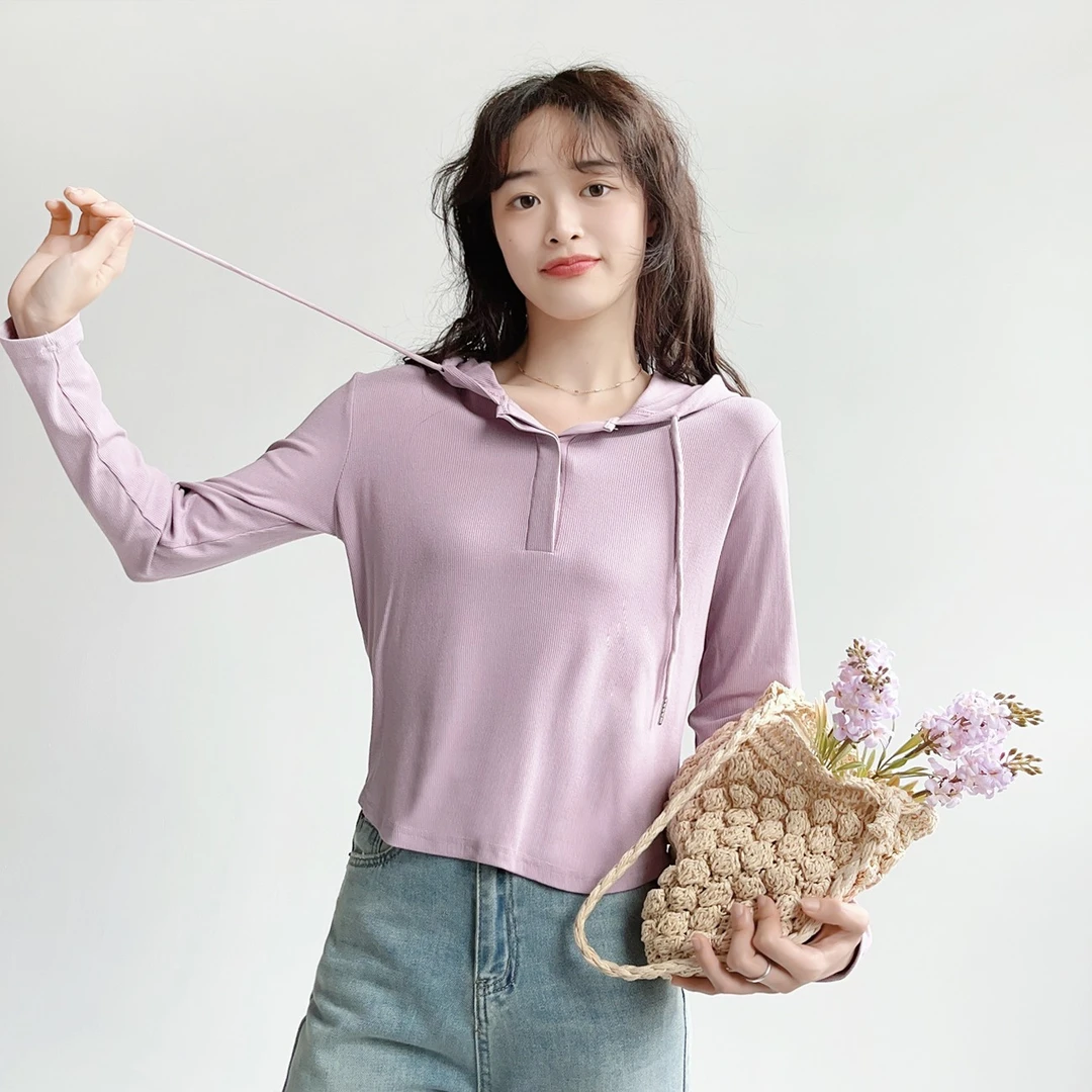 120斤的大杨 连帽长袖T恤女小个子胖mm卫衣休闲大码显瘦上衣7033