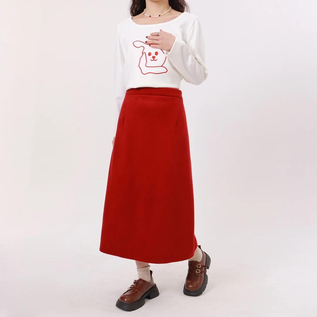 120斤的大杨 毛呢红色半身裙女2023新款秋冬款小个子高腰显瘦5392
