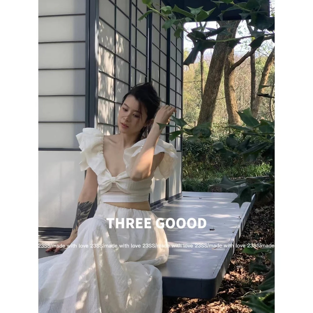 THREE GOOOD/三吉《年终放价》初恋感假日风小飞袖连衣裙 SQ230031