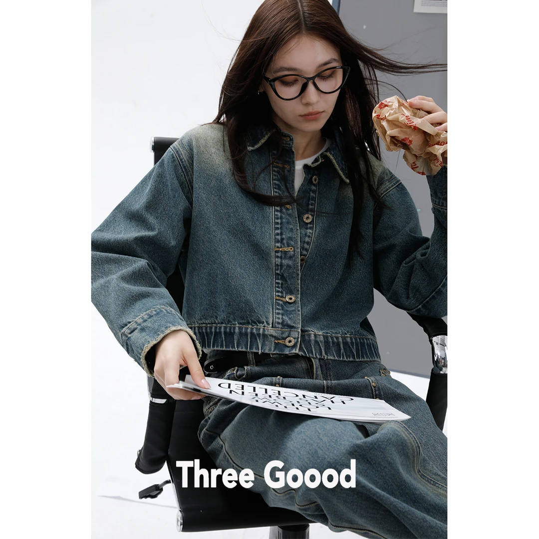 THREE GOOOD/三吉 弥漫半秋宽松铆钉牛仔外套 SW230678