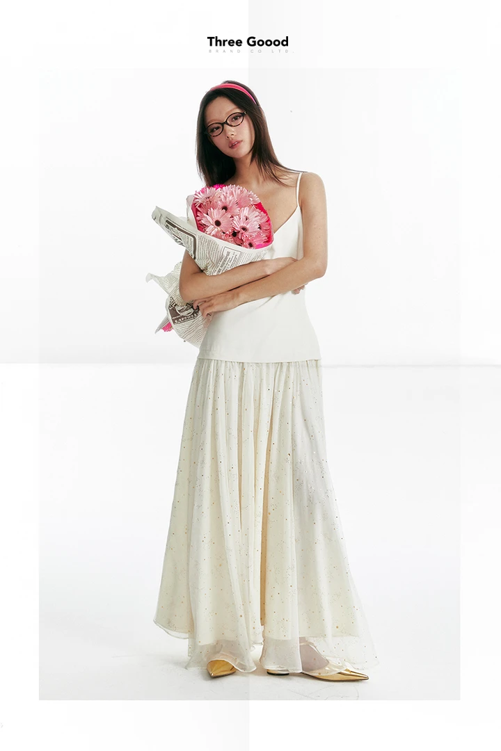 THREE GOOOD/三吉 山茶花海甜美气质西装吊带拼接连衣裙 SQ240021