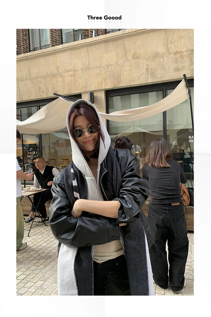 THREE GOOOD/三吉【放价了】街头假两件卫衣拉链皮外套SSW241038