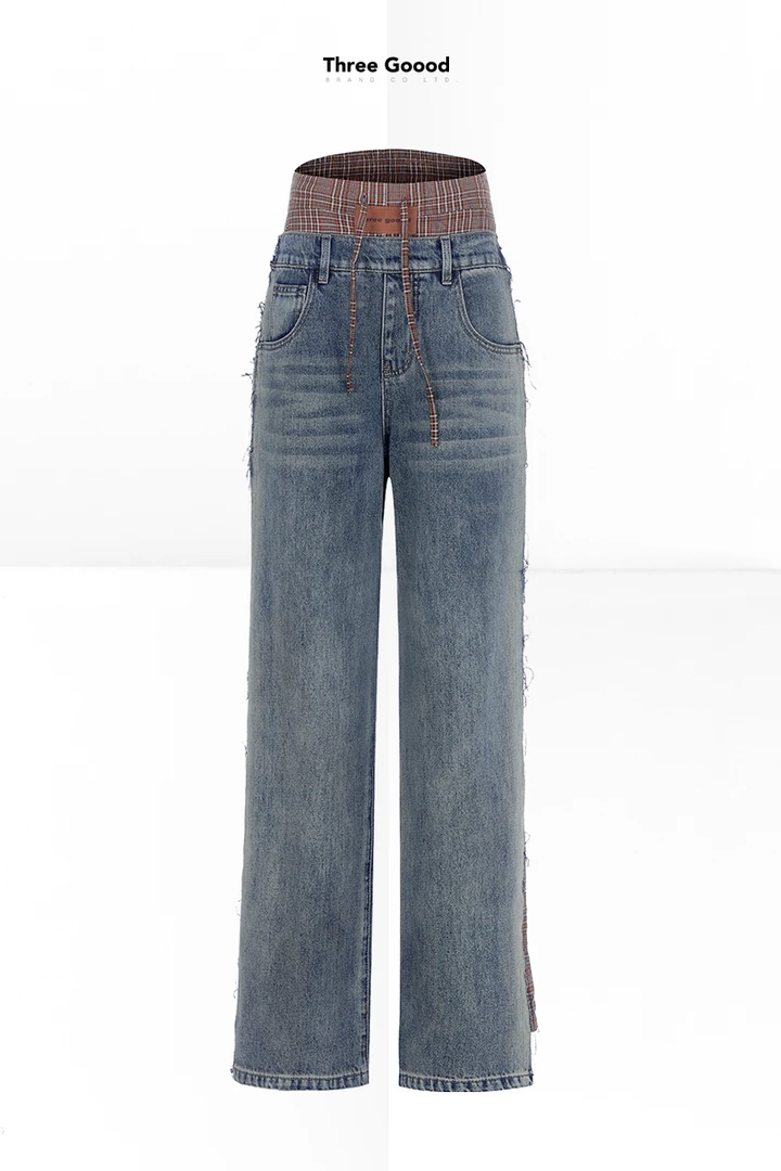 THREE GOOOD/三吉 意蕴蓝调小众时髦通勤格子拼接牛仔裤 SK231034