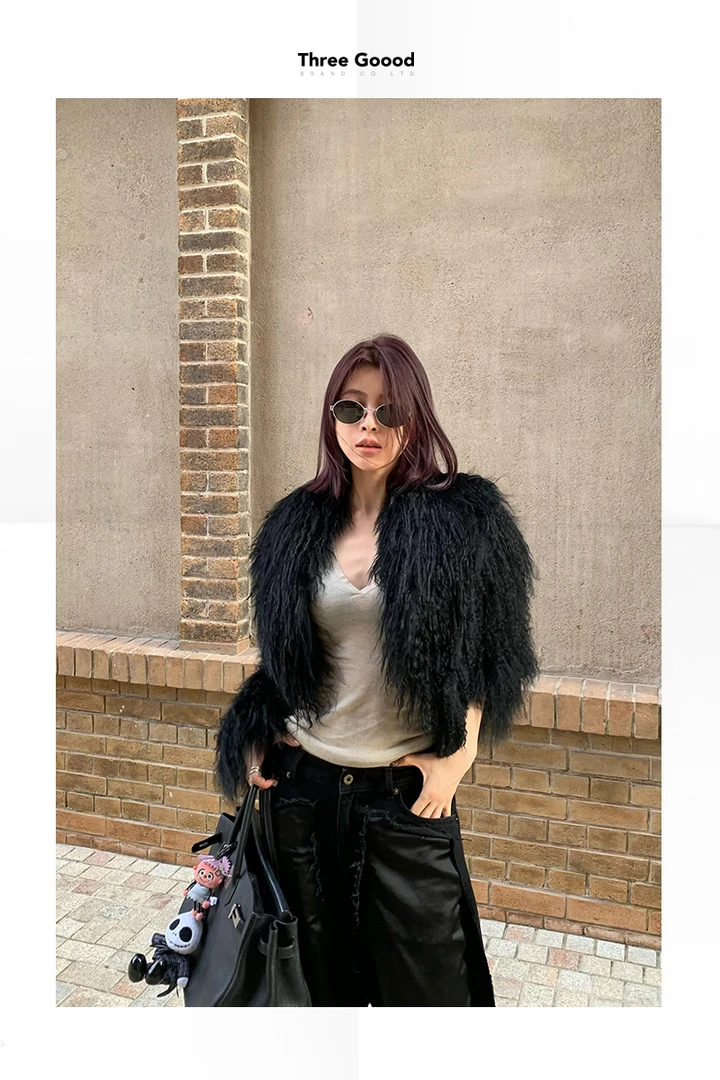 THREE GOOOD/三吉 香奢夫人长滩毛翻领短款皮草外套HSW241019