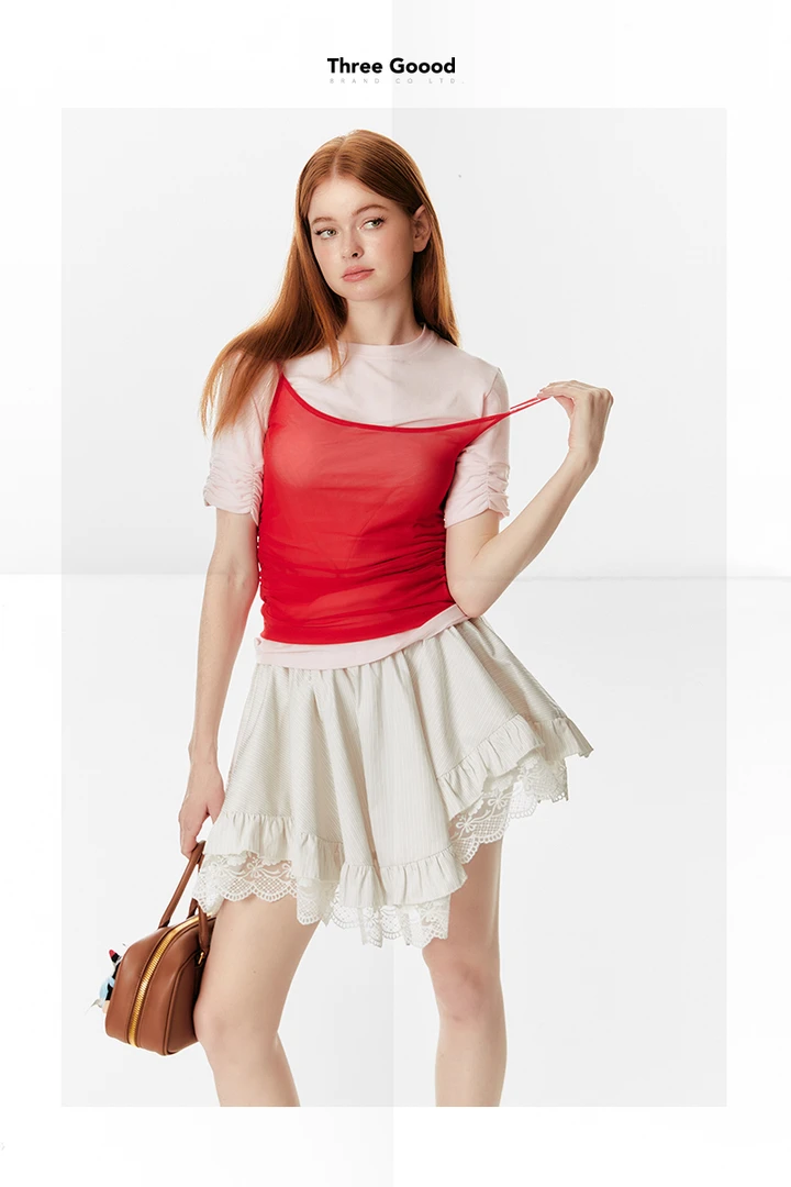 THREE GOOOD/三吉【放价了】绯红少女叠穿抽抽T恤两件套 ST240399