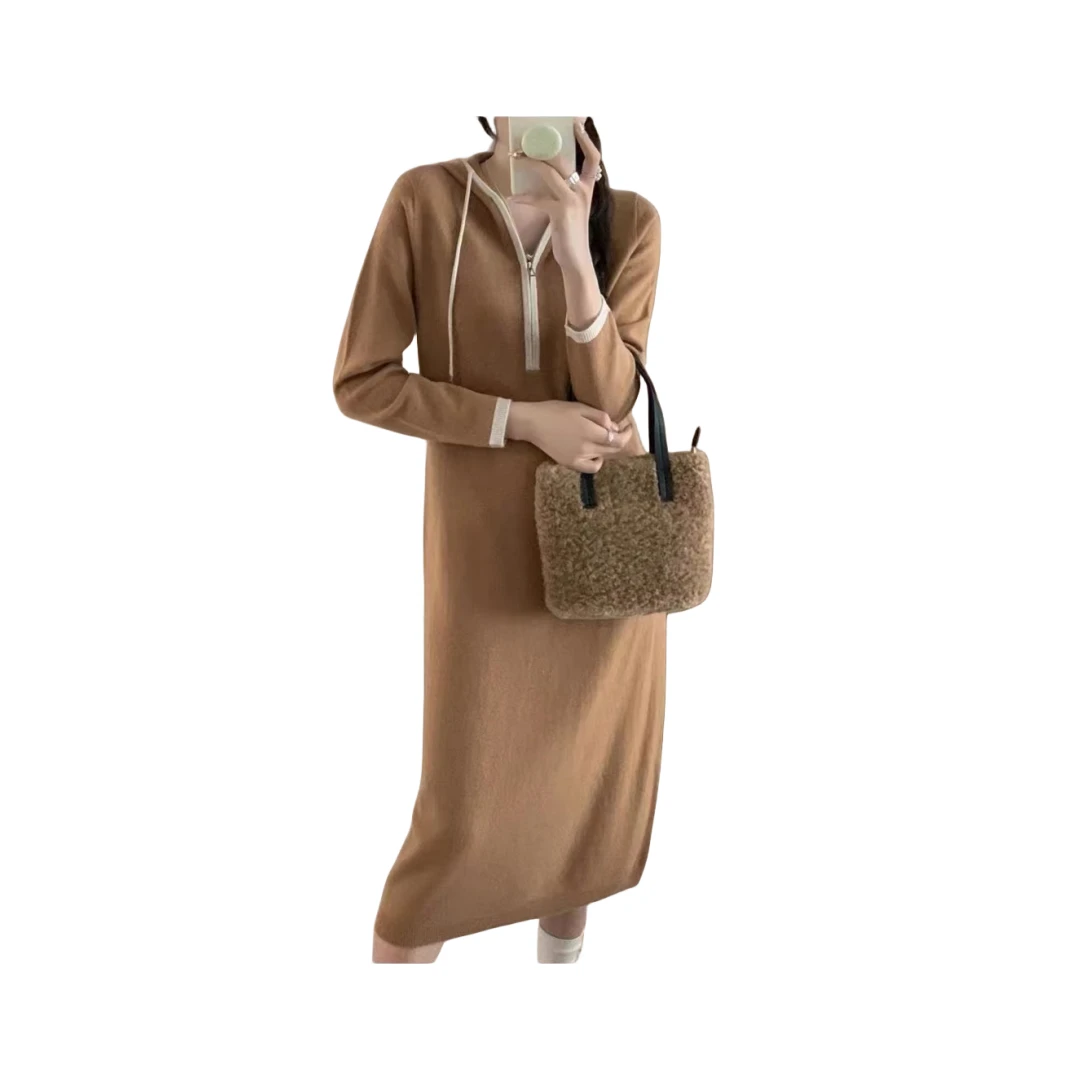 秋冬新款连帽软糯显瘦羊毛长裙189012