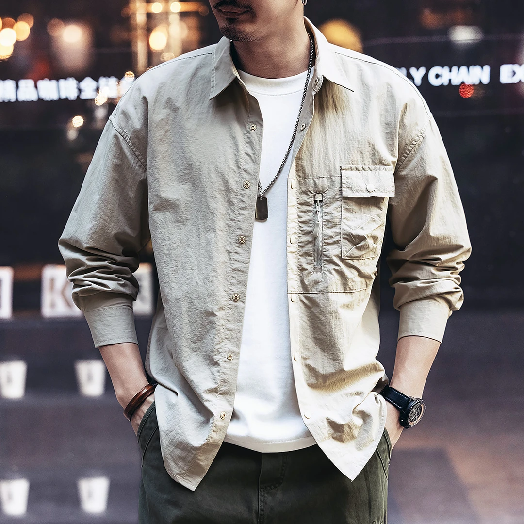 美式复古工装衬衫男春夏季宽松潮牌休闲长袖猎装衬衣外套男