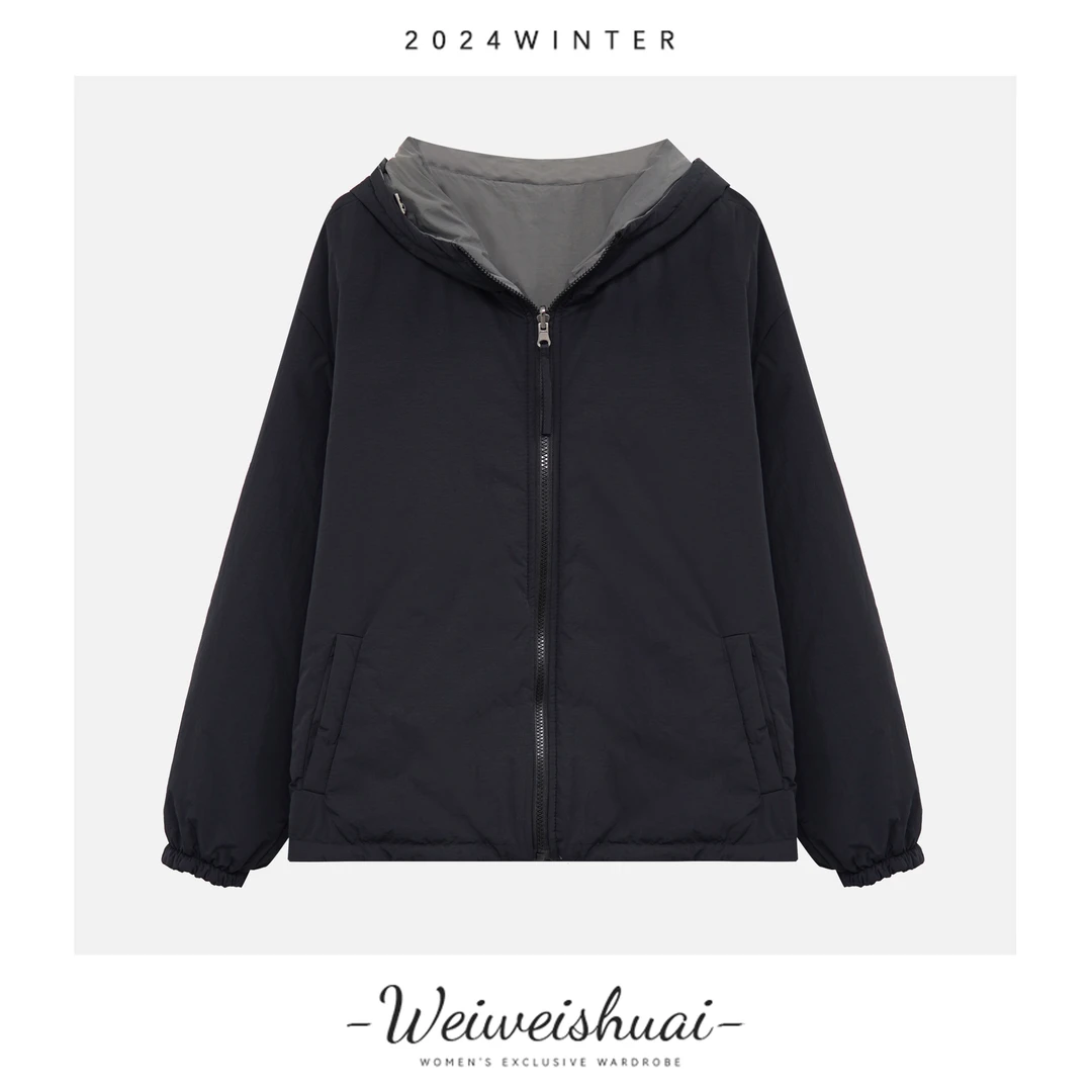 【广州微姐】秋冬潮流时尚简约百搭女士双面穿连帽短款休闲棉衣922