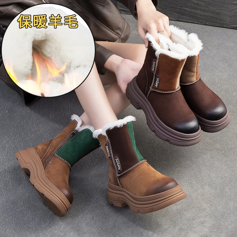 亭亭玉立70158冬季新款保暖拼色雪地靴羊毛厚底复古舒适真皮女靴