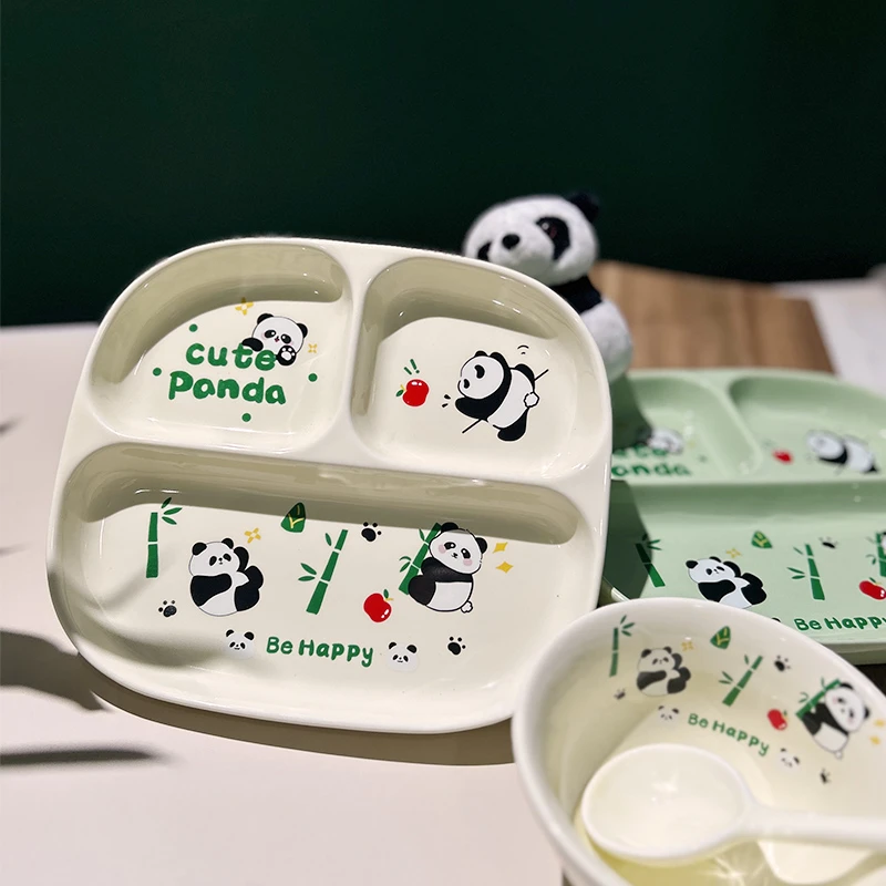 熊猫卡通大人定量陶瓷211分格盘家用儿童餐盘三格分餐盘高颜值