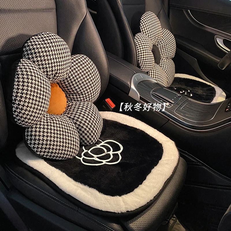 秋冬季汽车坐垫长毛绒刺绣山茶花加热座椅垫保暖单片后排车垫女生
