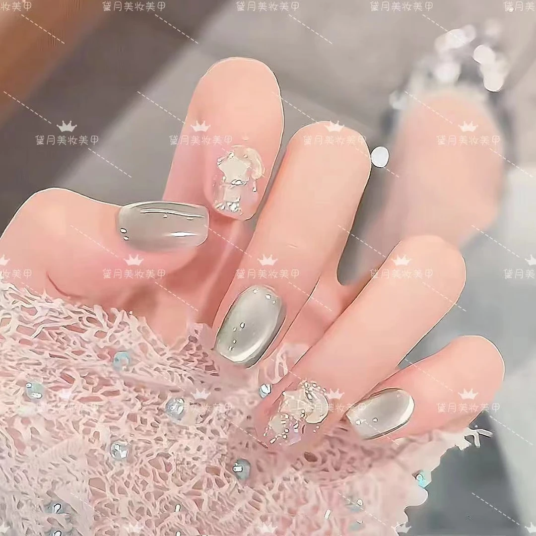 纯手工光疗青缇奶绿美甲贴果冻贴片指甲成品穿戴甲美白简约气质