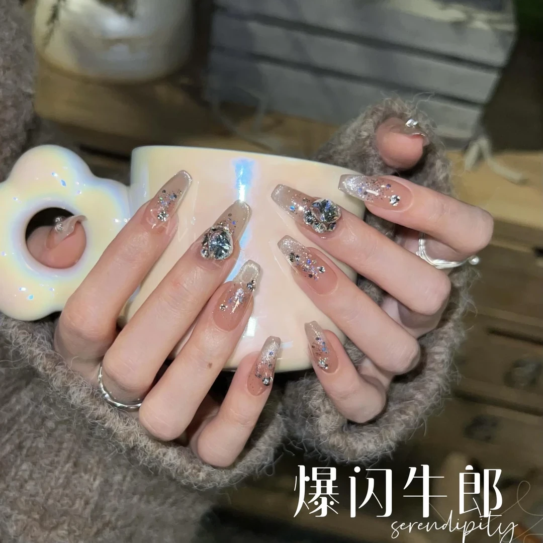 纯手工光疗美甲爆闪牛郎果冻贴片 假指甲成品穿戴甲美白简约气质