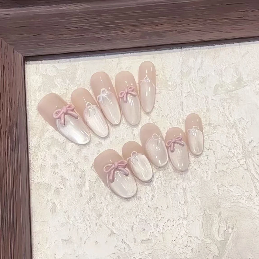 粉色蝴蝶结纯手工光疗美甲贴果冻贴片指甲穿戴甲简约梯形重复