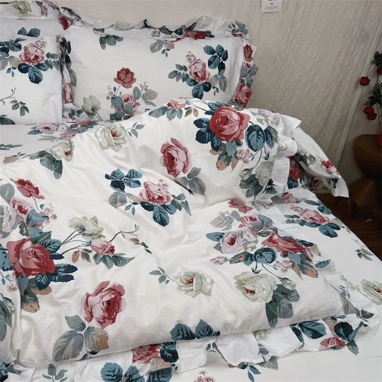 菲边工艺款全棉四件套纯棉床单被套床笠白色玫瑰花园ins床上用品