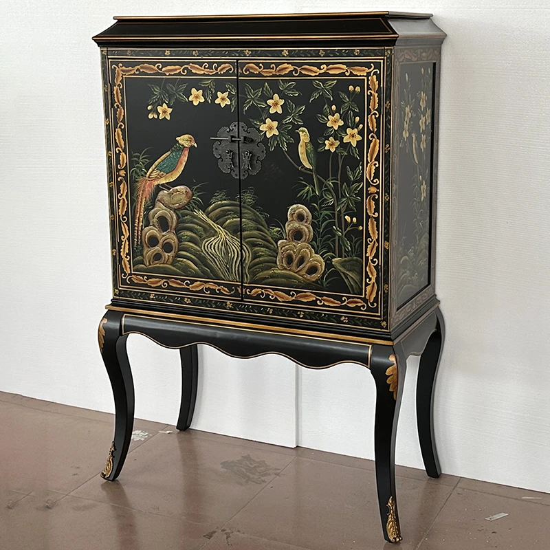 新中式酒柜装饰柜复古红色彩绘门厅玄关柜收纳高柜6026