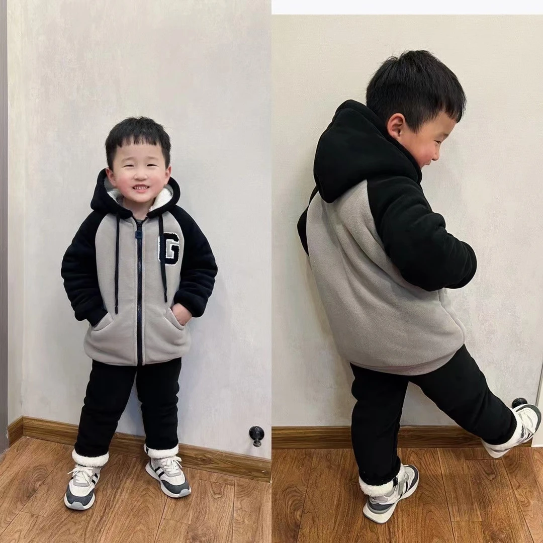 冬季儿童时尚韩版休闲加绒加厚连帽百搭保暖洋气拼接冬款家居服